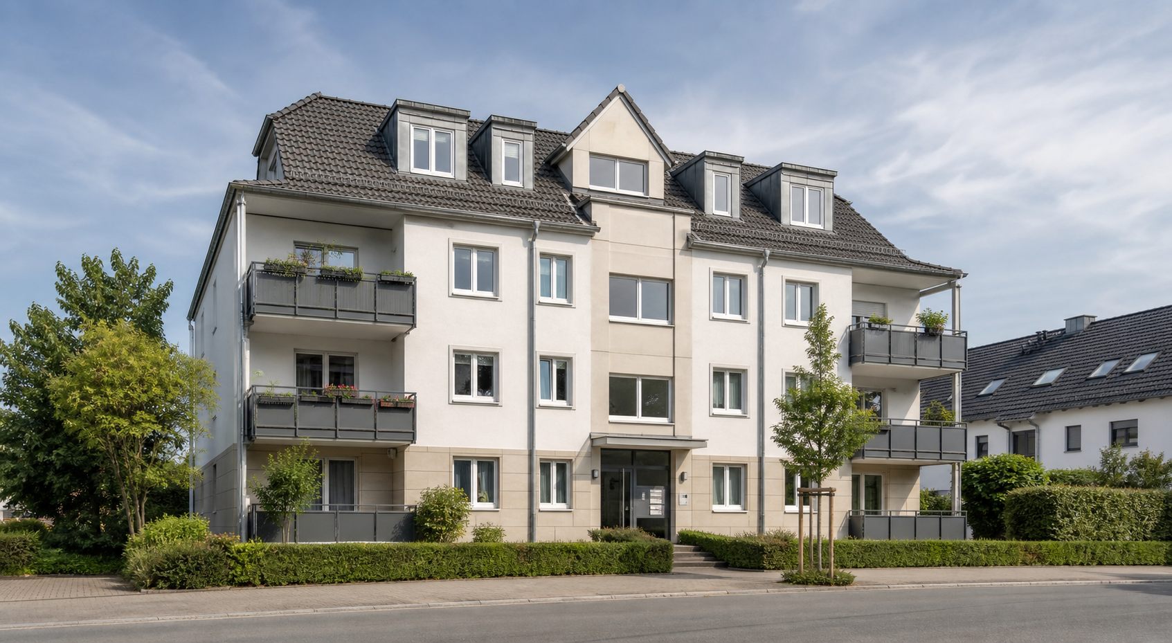 Gepflegtes Mehrfamilienhaus als Beispiel für eine Vorsorgewohnung oder Anlageimmobilie